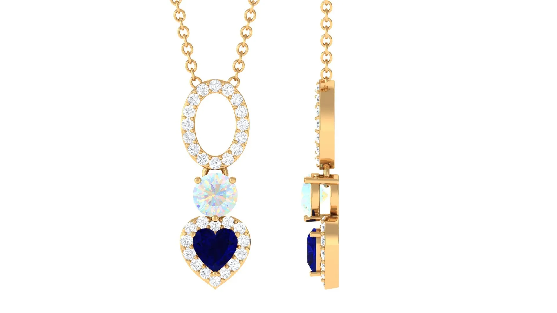 1 CT Blue Sapphire Heart Dangle Necklace with Ethiopian Opal and Moissanite