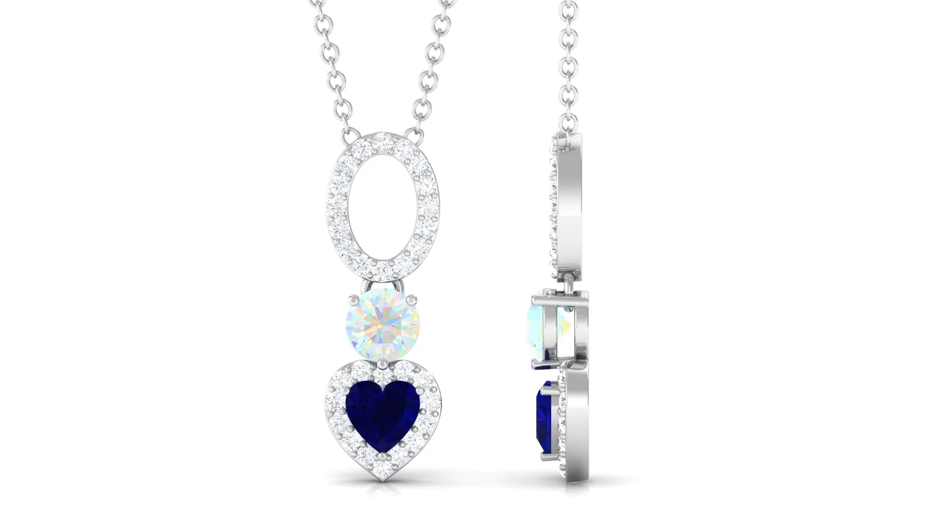 1 CT Blue Sapphire Heart Dangle Necklace with Ethiopian Opal and Moissanite