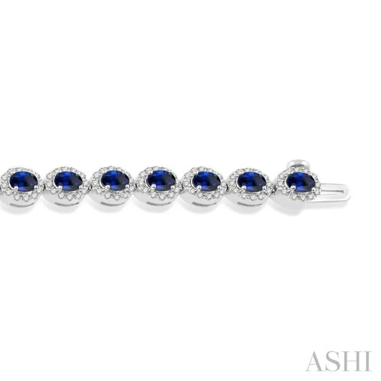 1 Ctw Round Cut Diamond & 4x3MM Oval Cut Sapphire Precious Bracelet in 14K White Gold