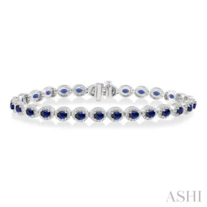 1 Ctw Round Cut Diamond & 4x3MM Oval Cut Sapphire Precious Bracelet in 14K White Gold