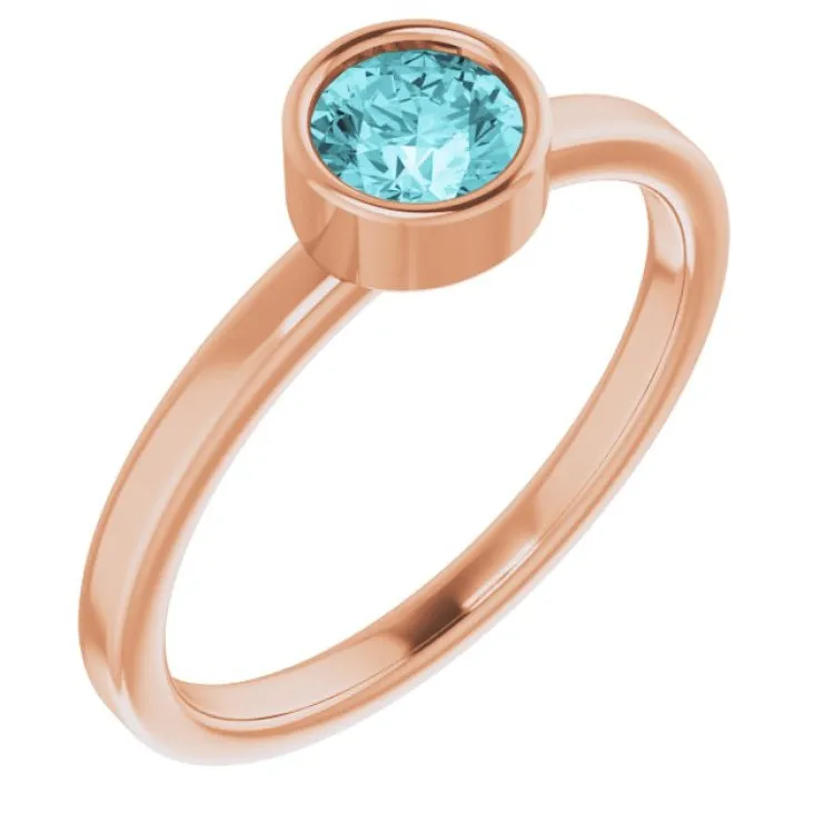 14K Rose 5 mm Natural Blue Zircon Ring