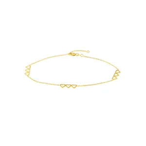 14K Yellow Gold Open Heart Trio Adjustable Anklet