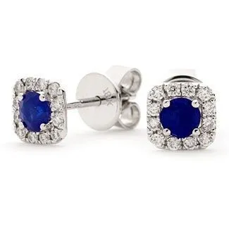 18ct WHITE GOLD Sapphire and Diamond 0.60ct Square Halo Earrings Women's 6mm GIFT Box