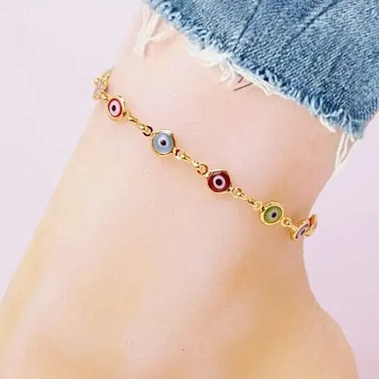 18k Gold Plated Evil Eye Anklet Multi Color Crystal