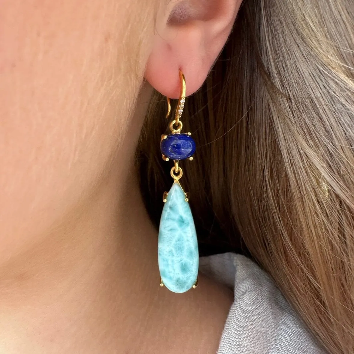 18k Gold Vermeil Lapis Lazuli and Larimar Hook Earrings: The Claudia