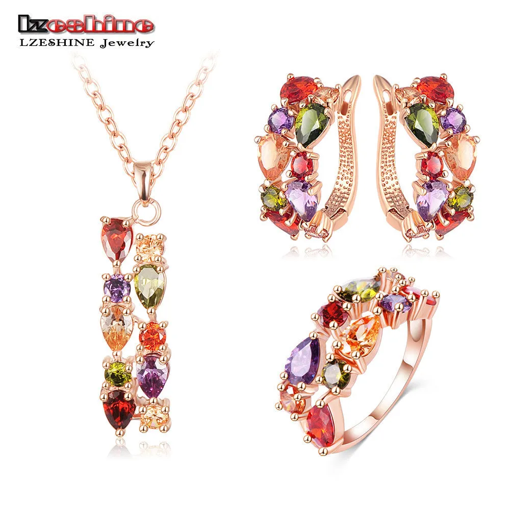 18K Rose Gold Plate Flower Multicolor Cubic Zircon Pendant/Earrings/Ring Women Wedding Jewelry Sets