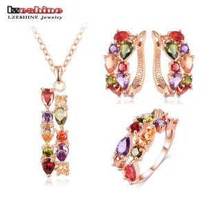 18K Rose Gold Plate Flower Multicolor Cubic Zircon Pendant/Earrings/Ring Women Wedding Jewelry Sets