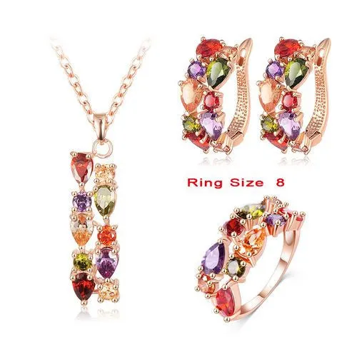 18K Rose Gold Plate Flower Multicolor Cubic Zircon Pendant/Earrings/Ring Women Wedding Jewelry Sets