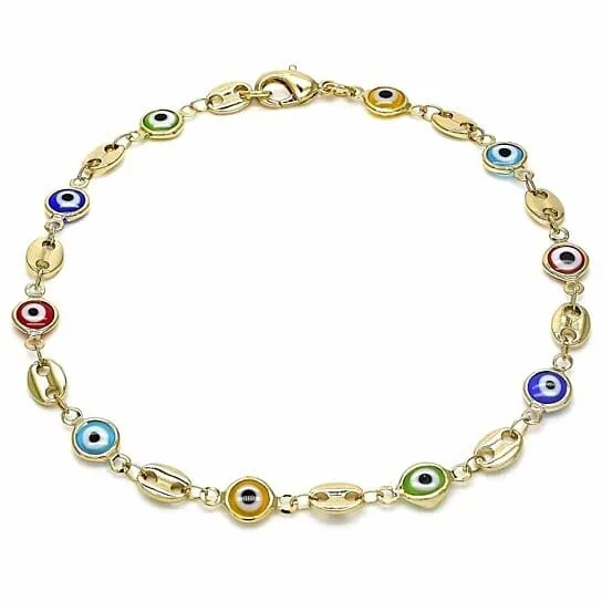 18k Women's Gold Filled High Polish Finish Mariner Marina- Multi-color Evil Eye Lobster Clasp Ankle Bracelet 10'' Inch