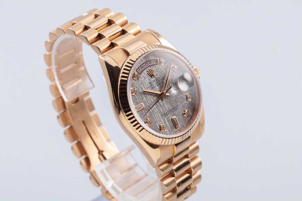 2001 Rolex 18K Rose Gold Day-Date 118235 Diamond Meteorite Dial with Box & Service Papers