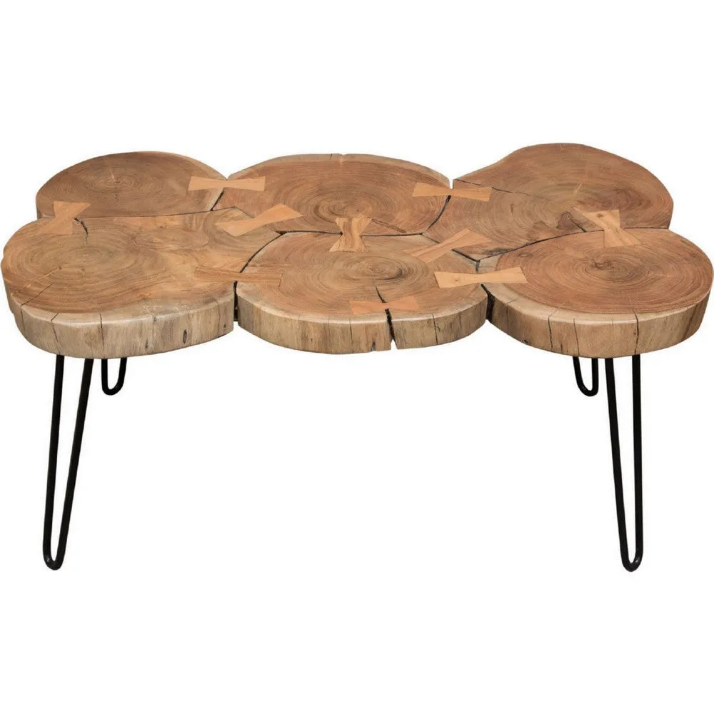 39 Inch Rectangular Coffee Table, Live Edge Wood Top, Metal Legs, Brown By Casagear Home