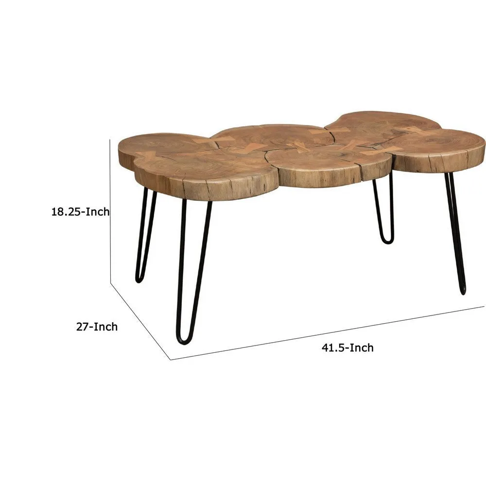 39 Inch Rectangular Coffee Table, Live Edge Wood Top, Metal Legs, Brown By Casagear Home