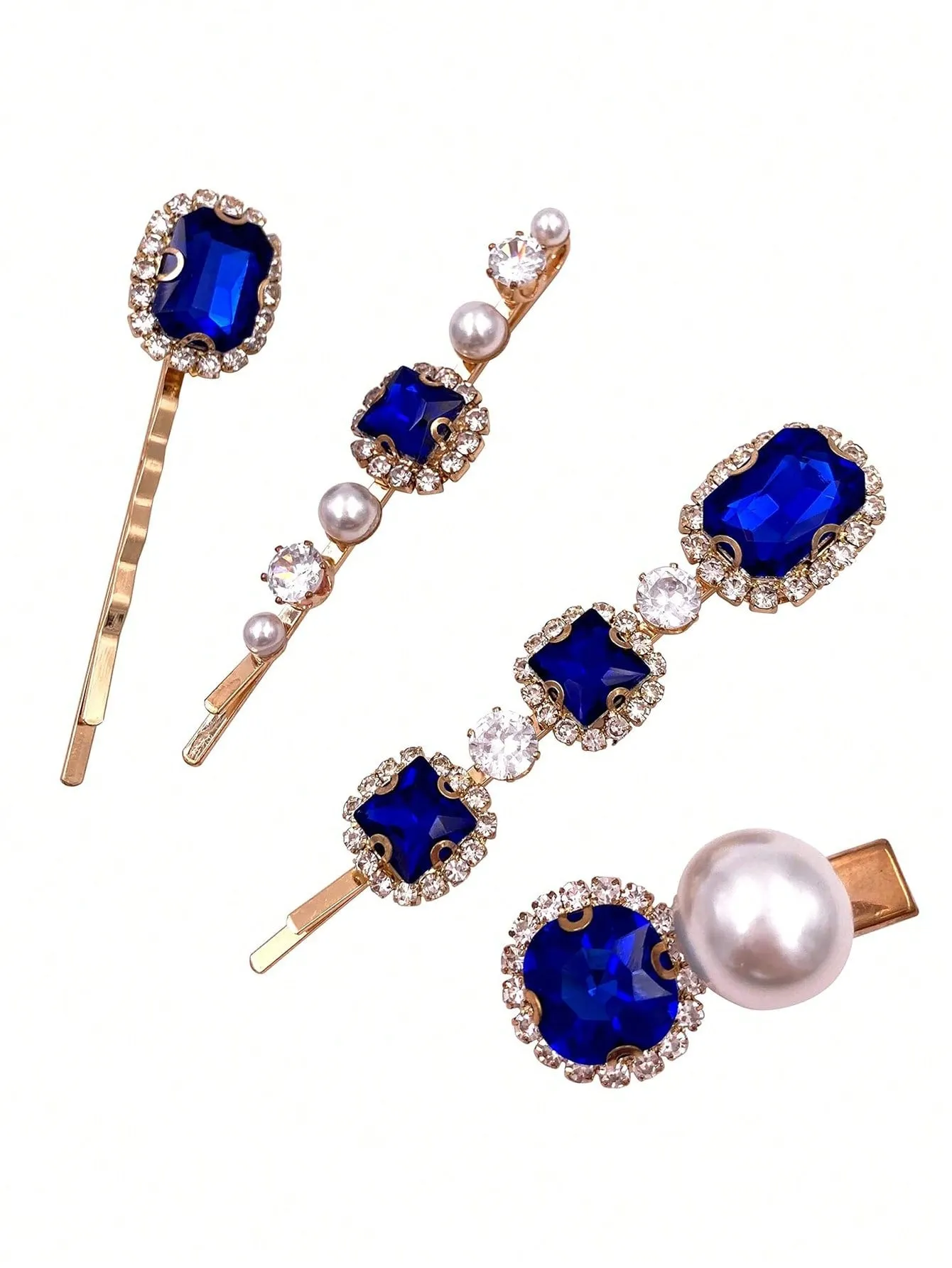 5pcs Blue Rhinestone Hair Clip For Women, Retro Character Hairpin With Elegant