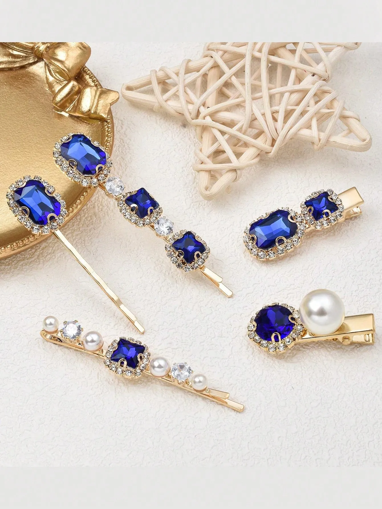 5pcs Blue Rhinestone Hair Clip For Women, Retro Character Hairpin With Elegant