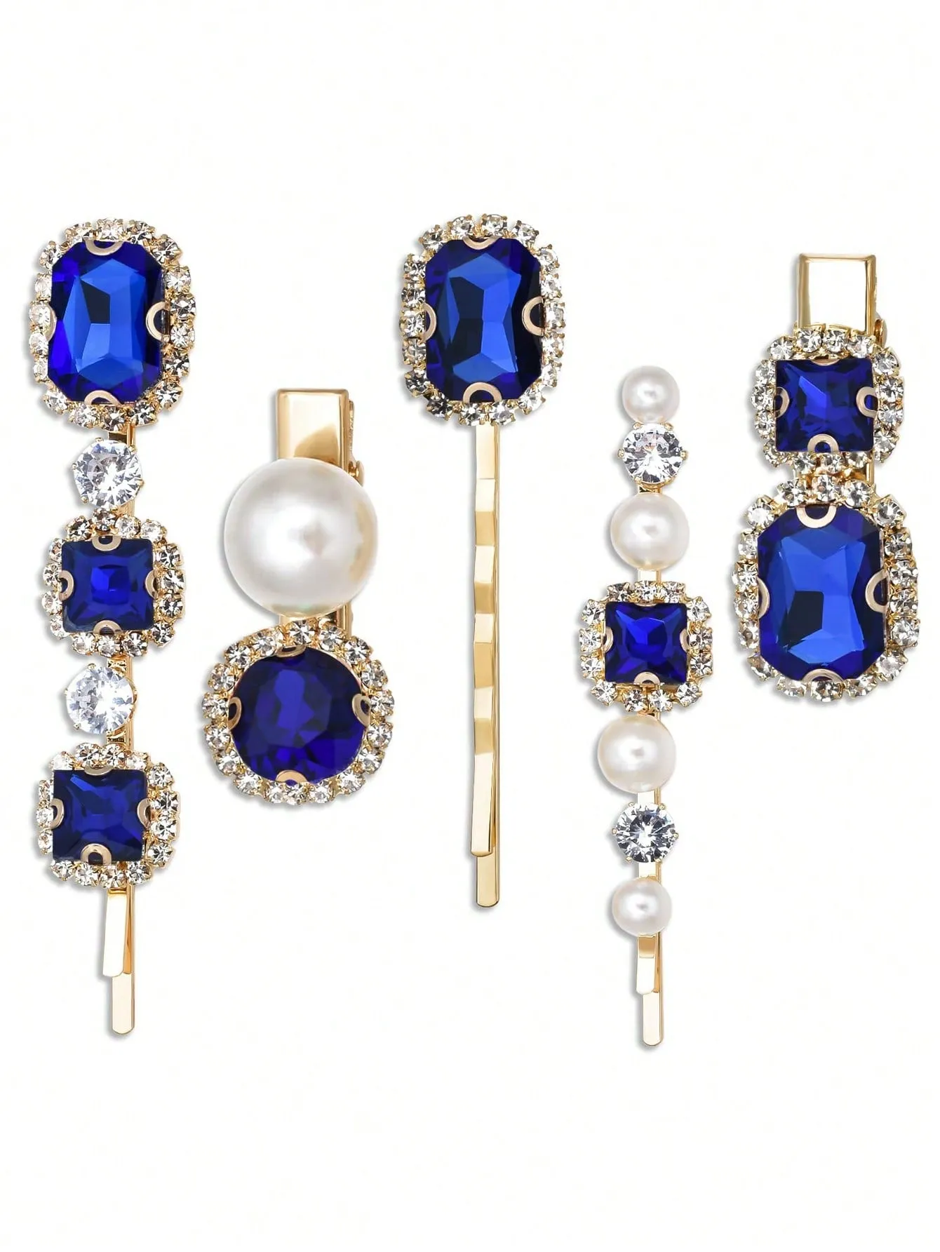 5pcs Blue Rhinestone Hair Clip For Women, Retro Character Hairpin With Elegant