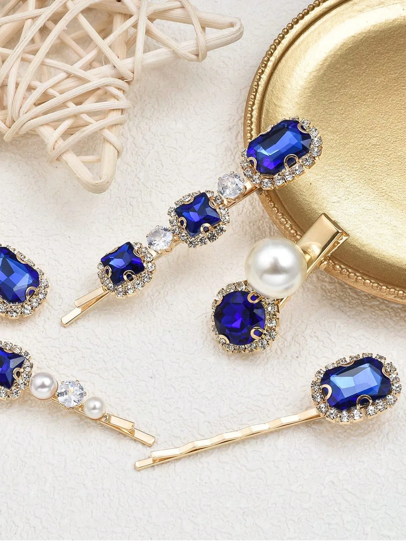 5pcs Blue Rhinestone Hair Clip For Women, Retro Character Hairpin With Elegant