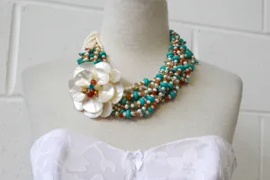 90s/y2k Shell Flower Statement Necklace, Turquoise and White