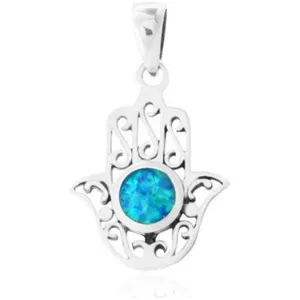 925 Sterling Silver & Opal Hamsa Pendant Necklace 18" Made in Israel