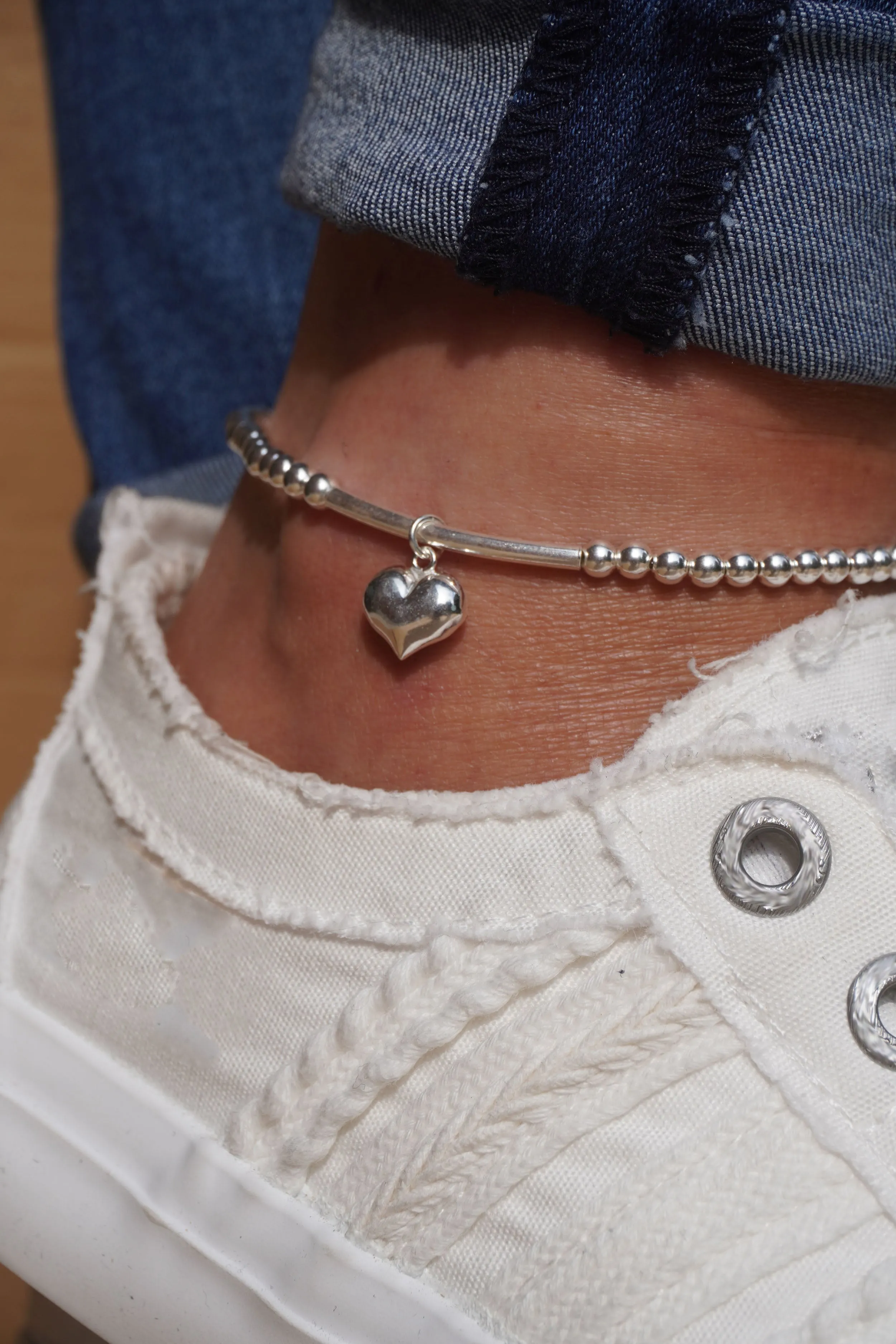 925 Sterling Silver Stretch Tube w/ Floating Heart Anklet, Sterling Silver Anklet, Anklet, Silver Heart Anklet