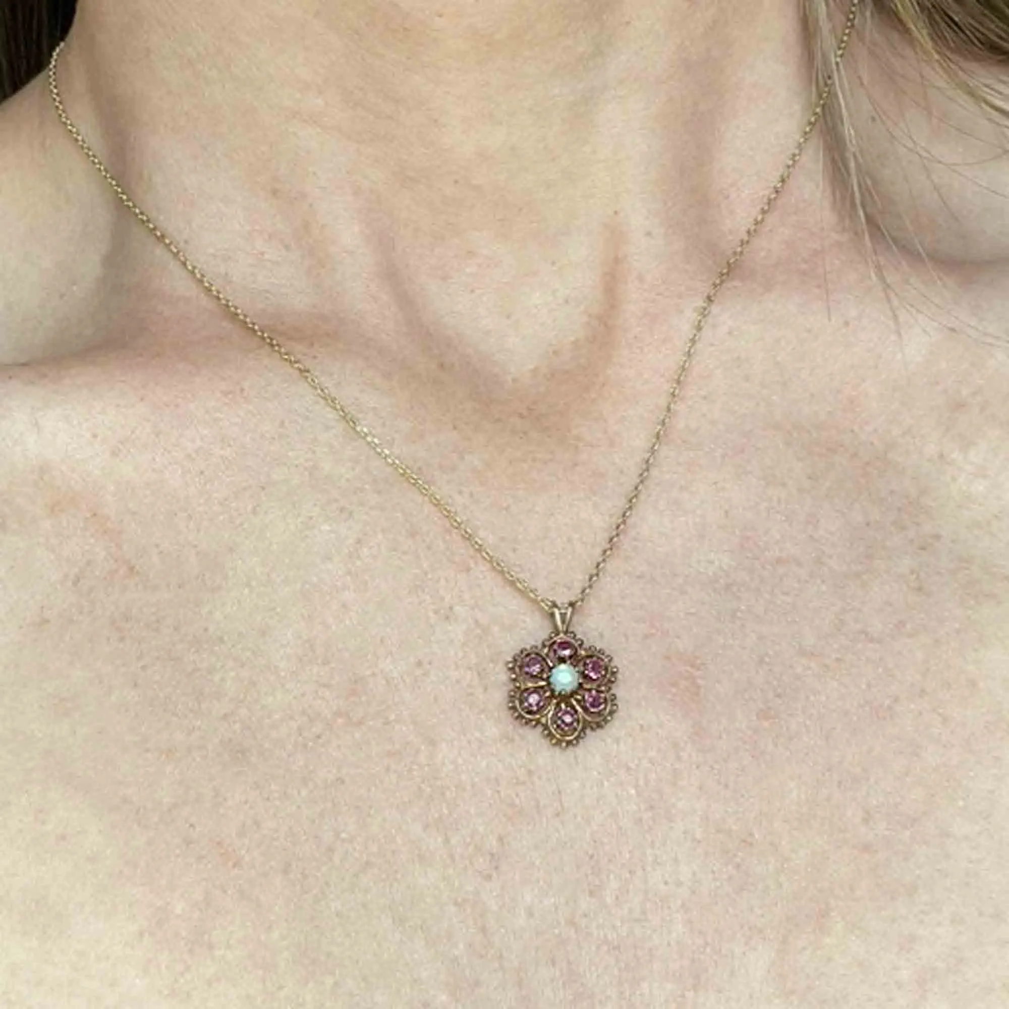 9K Gold Ruby Opal Floral Cluster Pendant Necklace