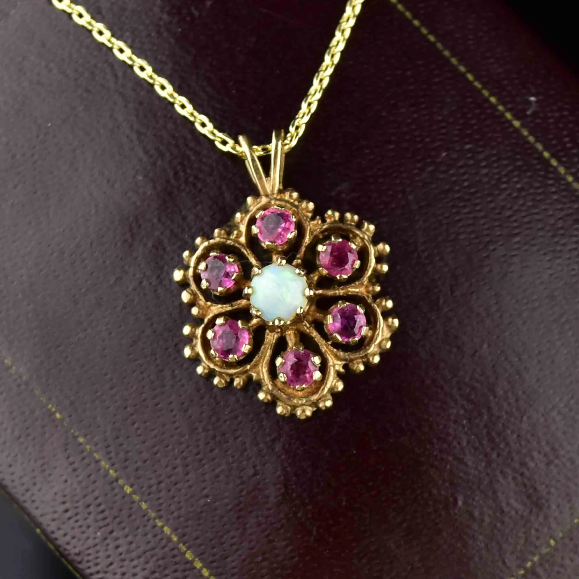 9K Gold Ruby Opal Floral Cluster Pendant Necklace