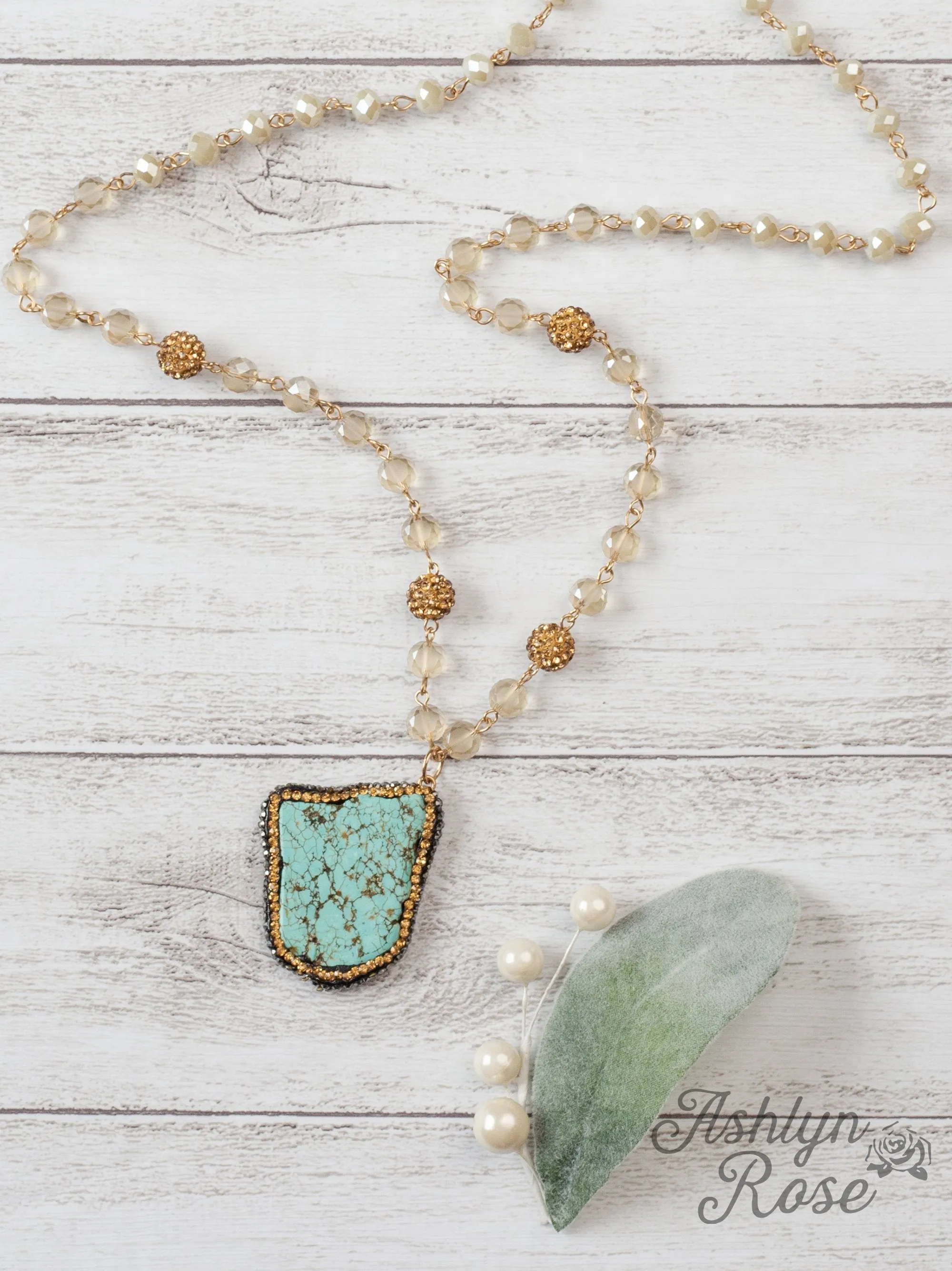 A Fresh Feelin' Turquoise Stone Pendant Necklace with Gold, Cream, and Crystal Beads