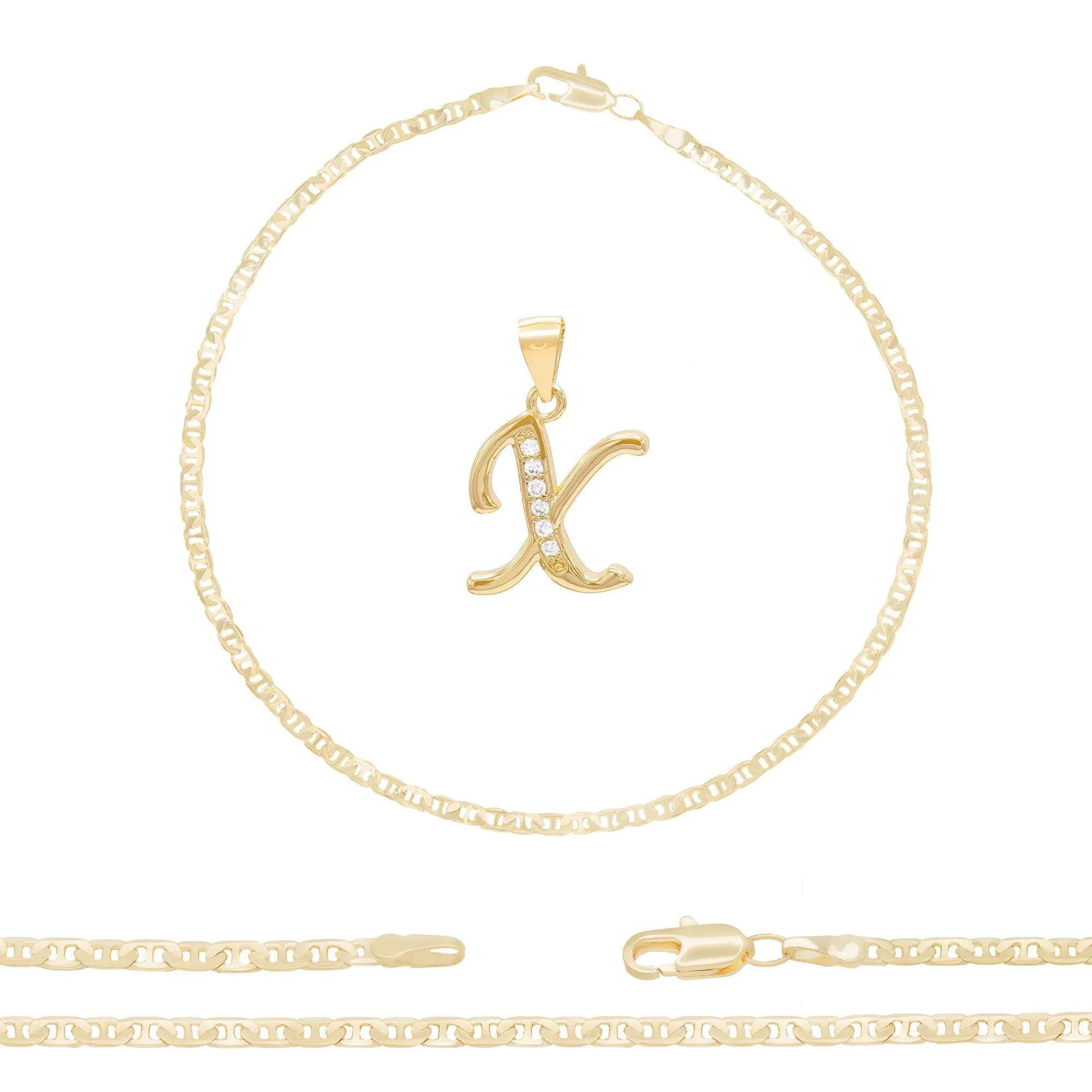 A-Z Initial Letter Pendant 14K Gold Filled Cubic Zirconia Mariner Chain Anklet 10" Set CZ Charm Foot Bracelet 3 mm Female Women Girl