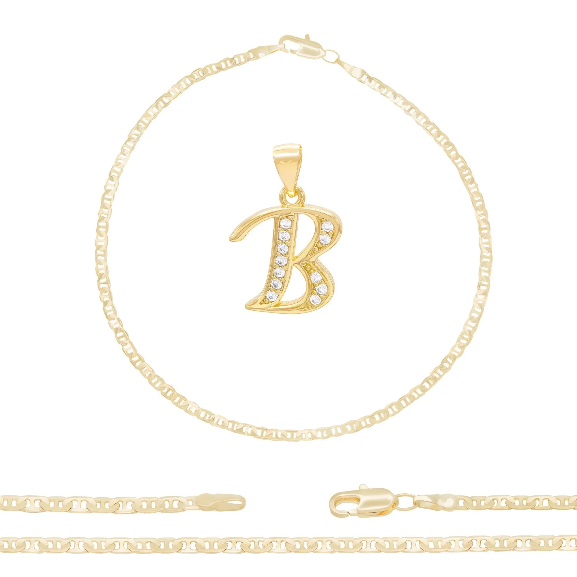 A-Z Initial Letter Pendant 14K Gold Filled Cubic Zirconia Mariner Chain Anklet 10" Set CZ Charm Foot Bracelet 3 mm Female Women Girl