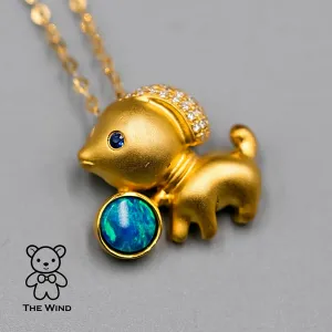 Adorable Dog Australian Doublet Opal, Diamond, Sapphire Pendant Necklace 18K Yellow Gold