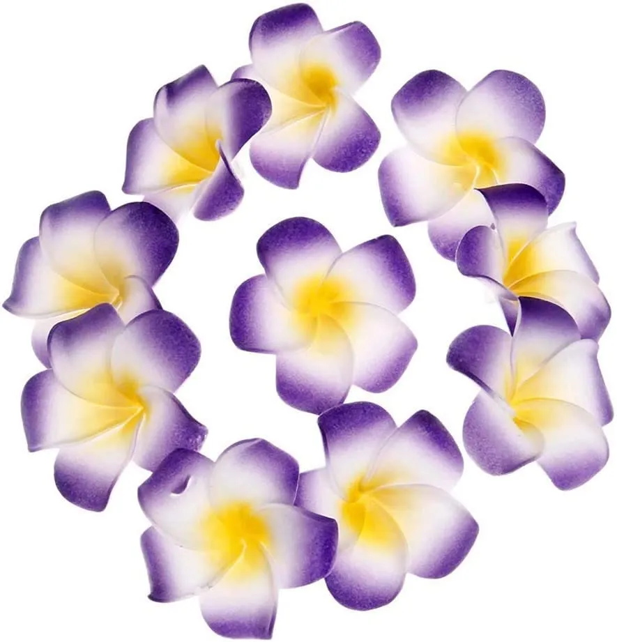 ALEVAN 2.4 inch artificial Plumier Rubric Hawaiian Flower Petals Hair Hat Wreath Floral Hawaiian Foam Frangipani Flowers for DIY Home Beach Wedding Party Decoration (Purple, 48)