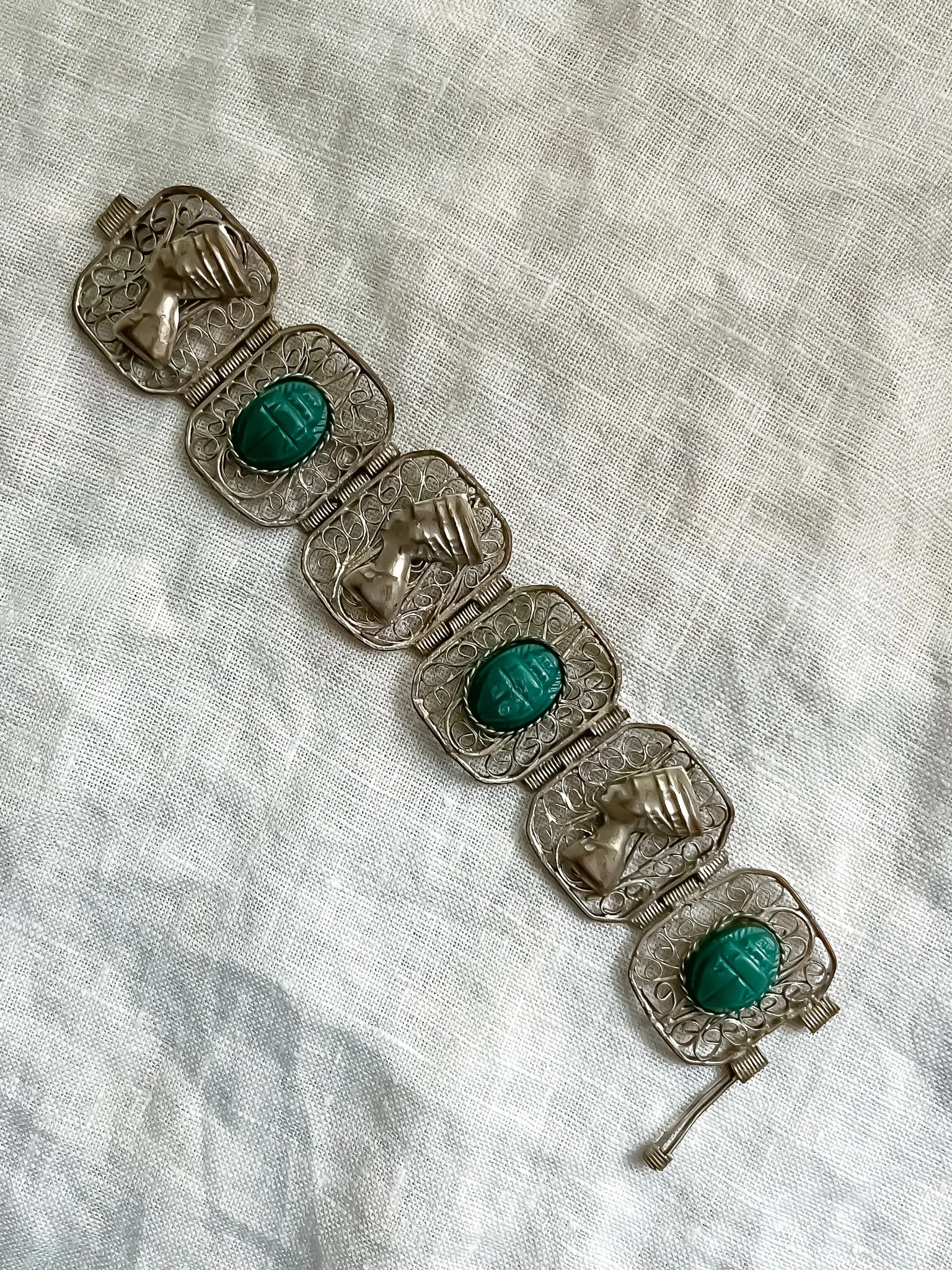 Amazing 1920's Egyptian Revival Nefertiti & Scarab Beetle Bracelet