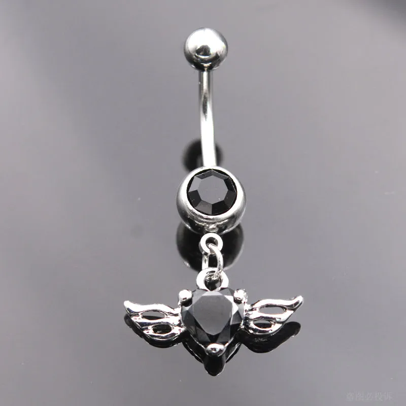 Angel Love Wing Heart Navel Piercing Ombligo Black Zircon Belly Button Rings Belly Piercing Ring Pircing Ear Jewelry