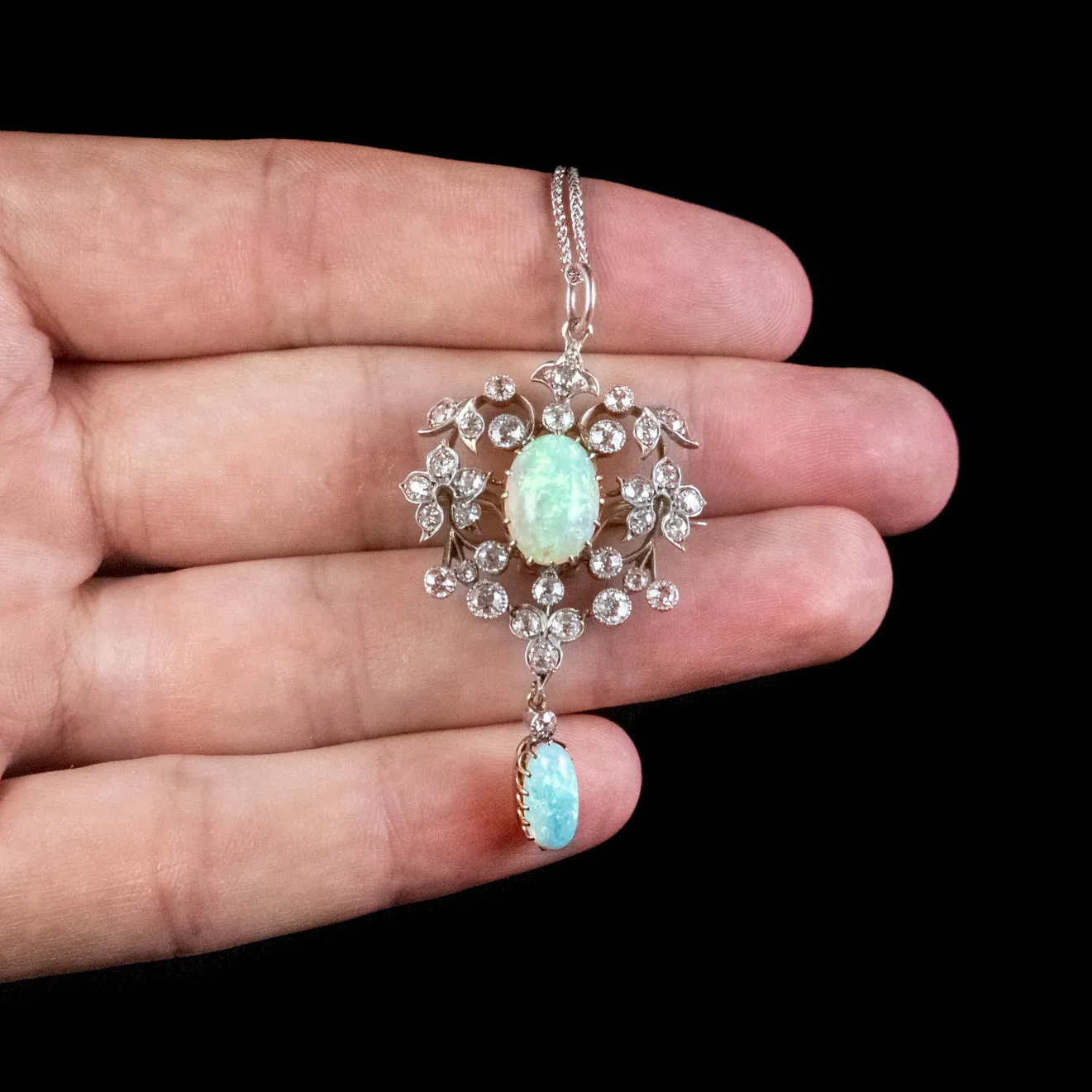 Antique Edwardian Opal Diamond Pendant Necklace Platinum 18ct Gold 2.50ct Of Diamond Circa 1905