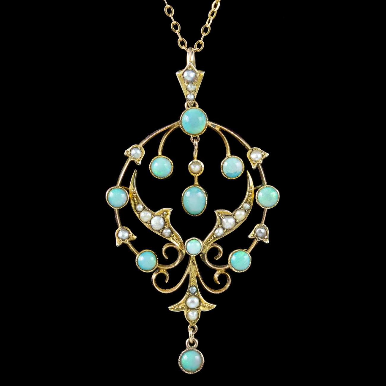 Antique Edwardian Opal Pearl Pendant Necklace 9ct Gold