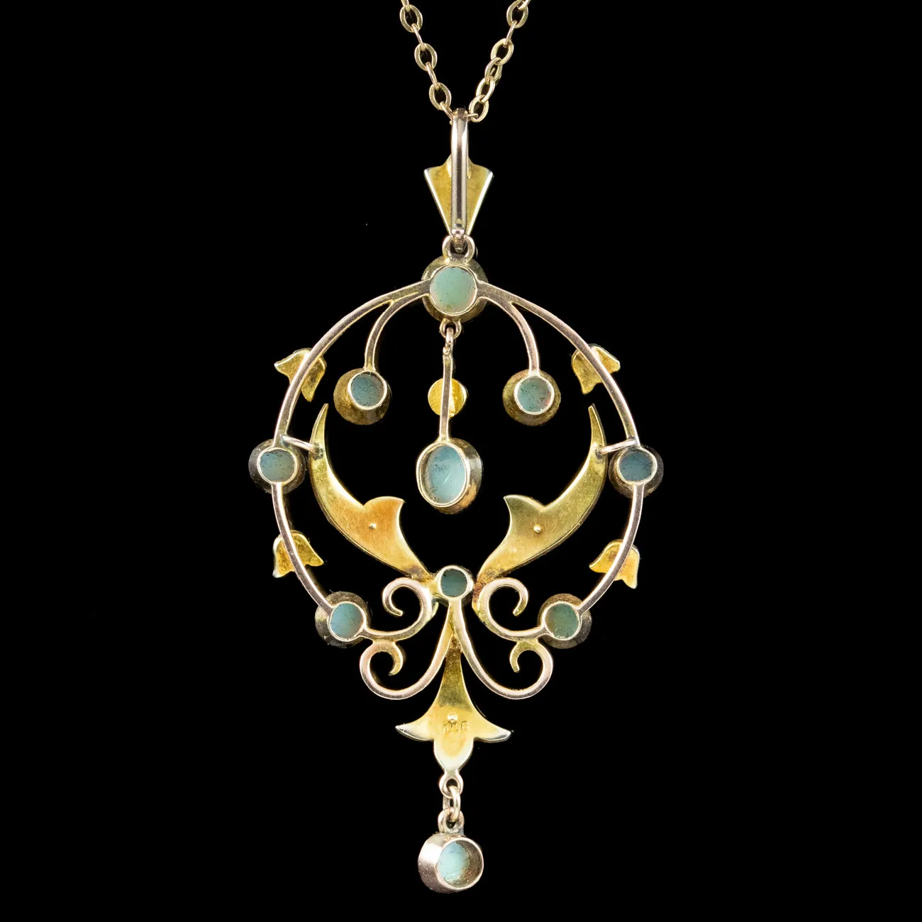 Antique Edwardian Opal Pearl Pendant Necklace 9ct Gold