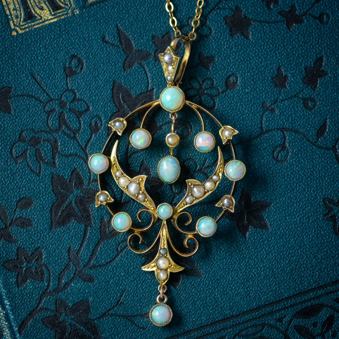 Antique Edwardian Opal Pearl Pendant Necklace 9ct Gold