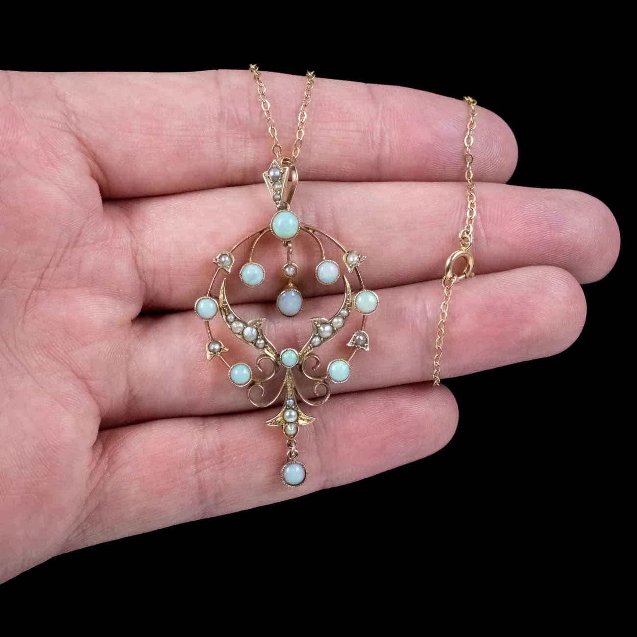 Antique Edwardian Opal Pearl Pendant Necklace 9ct Gold