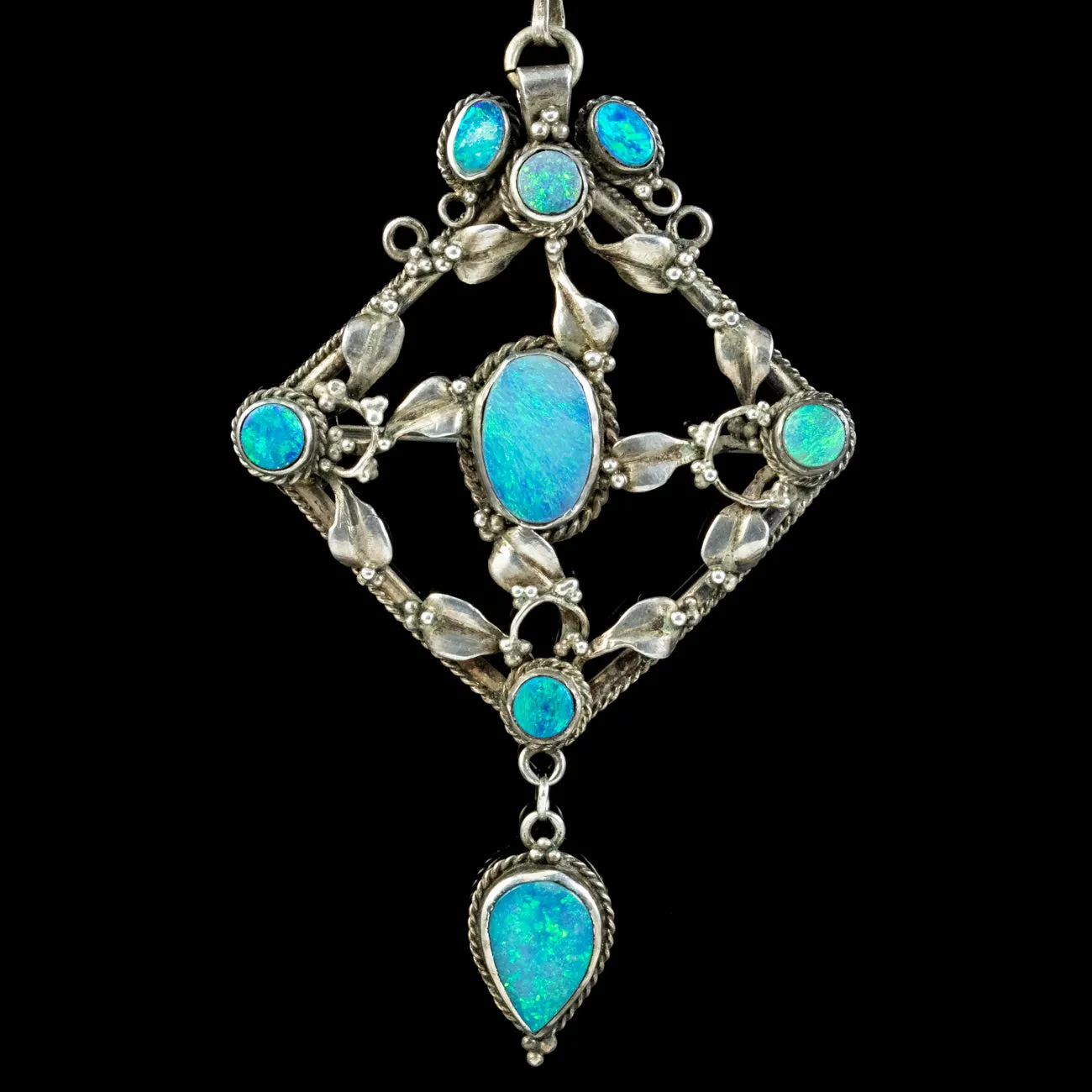 Antique Victorian Arts And Crafts Black Opal Pendant Necklace Silver Circa 1900