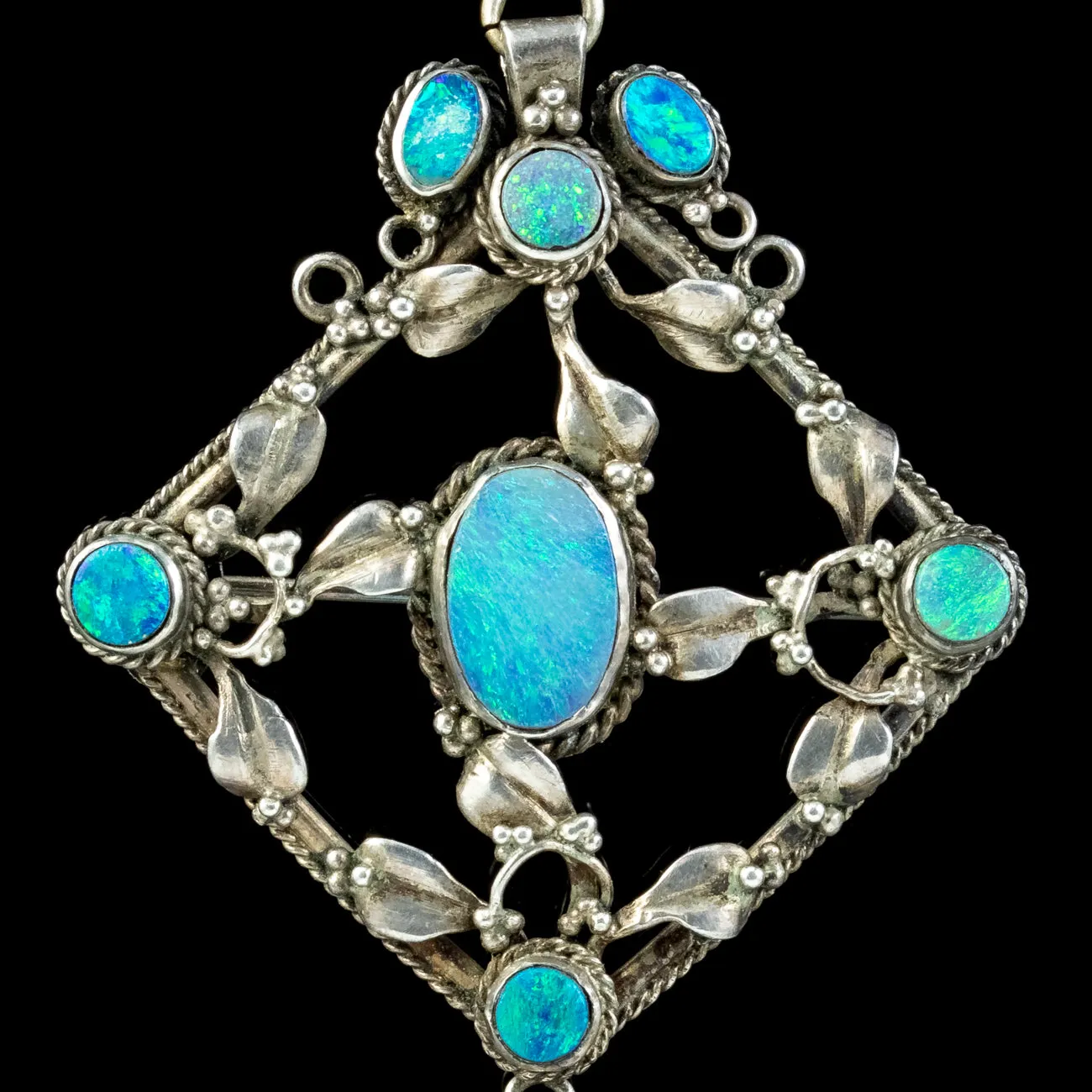 Antique Victorian Arts And Crafts Black Opal Pendant Necklace Silver Circa 1900