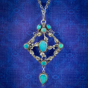 Antique Victorian Arts And Crafts Black Opal Pendant Necklace Silver Circa 1900