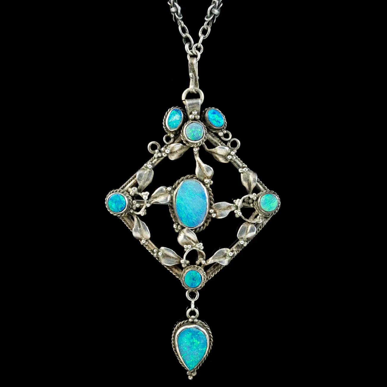 Antique Victorian Arts And Crafts Black Opal Pendant Necklace Silver Circa 1900