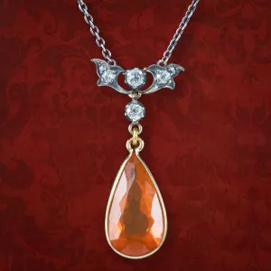 Antique Victorian Fire Opal Diamond Lavaliere Necklace 5ct Opal