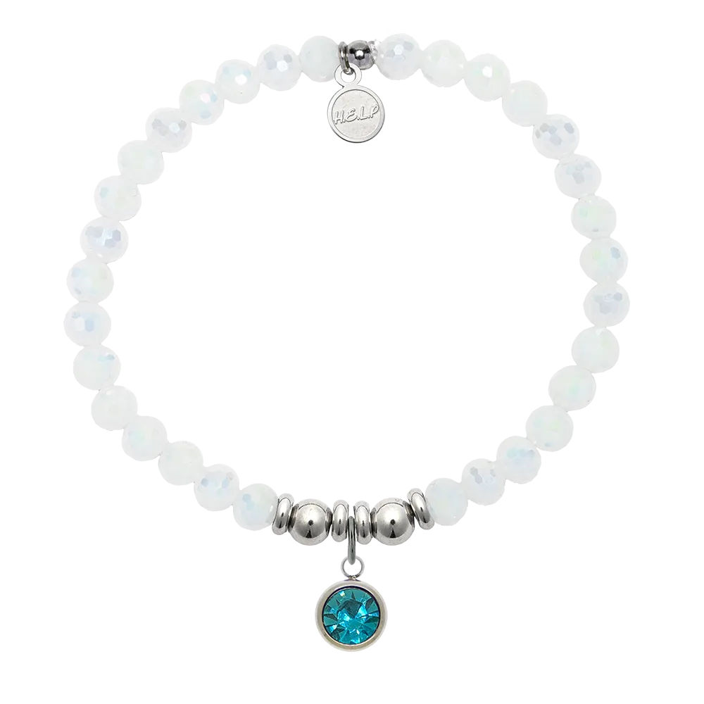 Birthstone Collection - March Aquamarine Crystal Charm with White Crystal Charity Bracelet