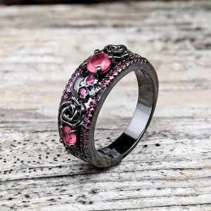 Black Flower Skull Inlaid Zircon Brass Ring