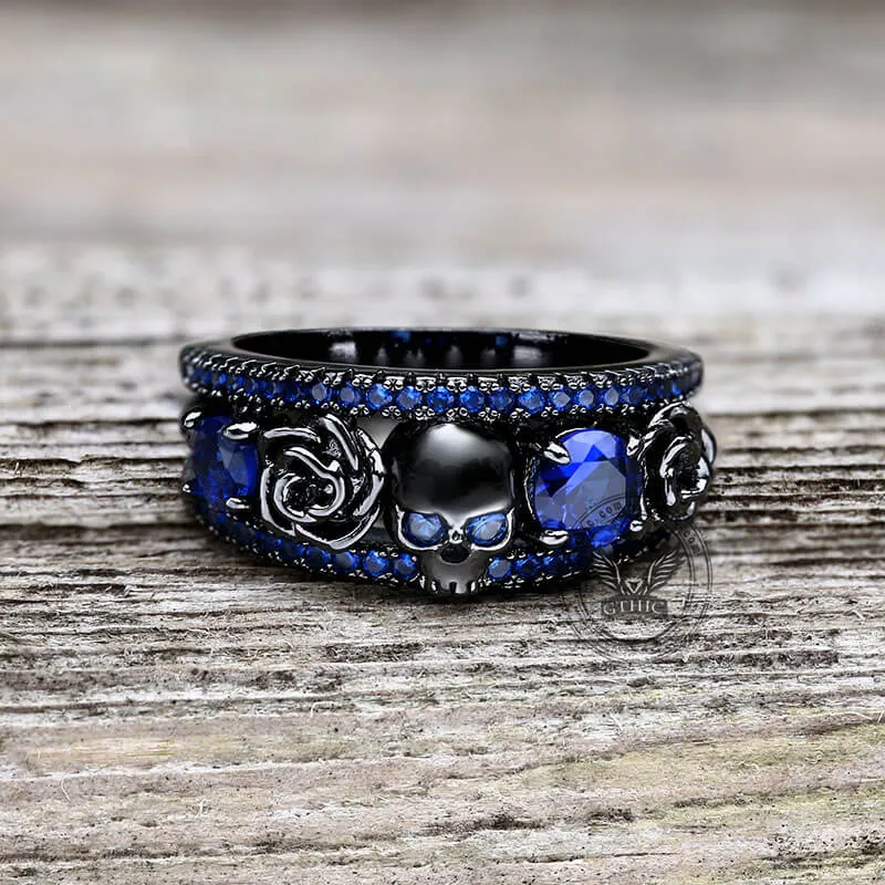 Black Flower Skull Inlaid Zircon Brass Ring