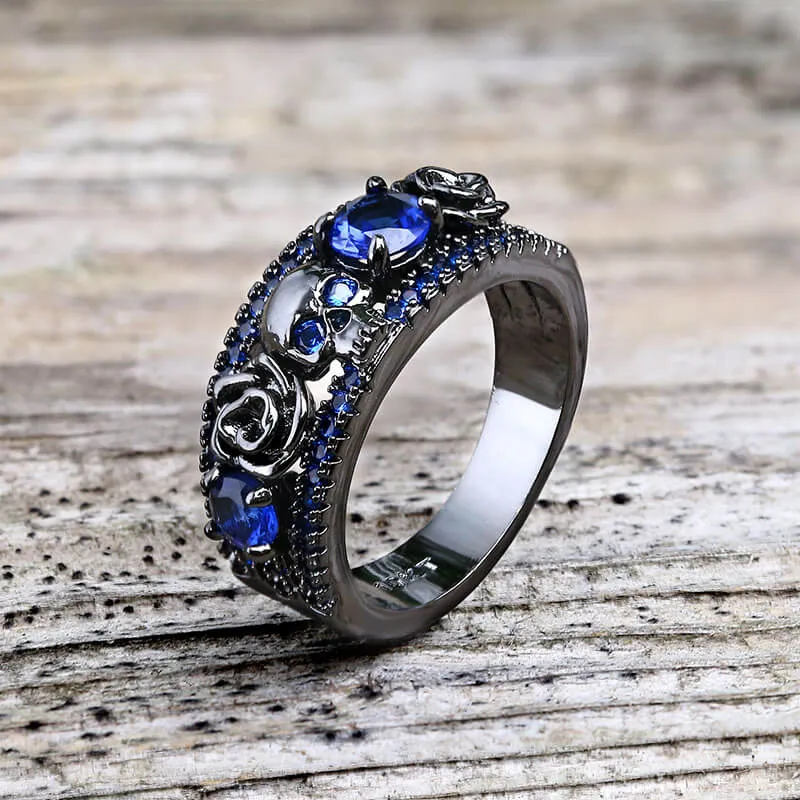 Black Flower Skull Inlaid Zircon Brass Ring