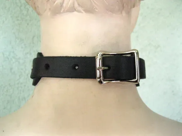 Black Leather Collar w/ Long Silver Spikes and Hanging Ring