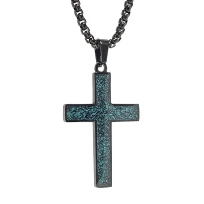 Black Reversible Stainless Steel Small Cross Pendant with a Crushed Turquoise Inlay