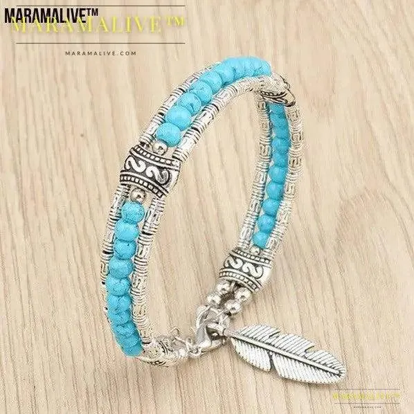 Boho Charm Bracelet made with Alloy Turquoise and alloy Feather Bracelet