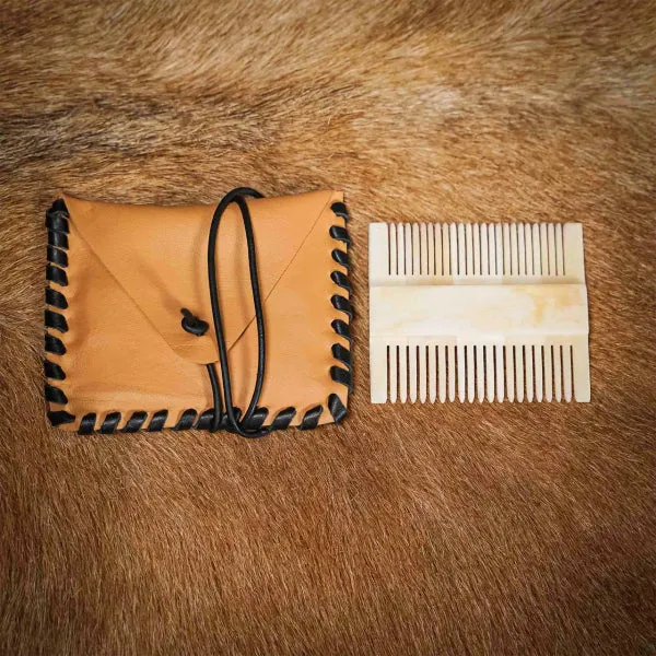 Bone Double Sided Comb with Leather Case